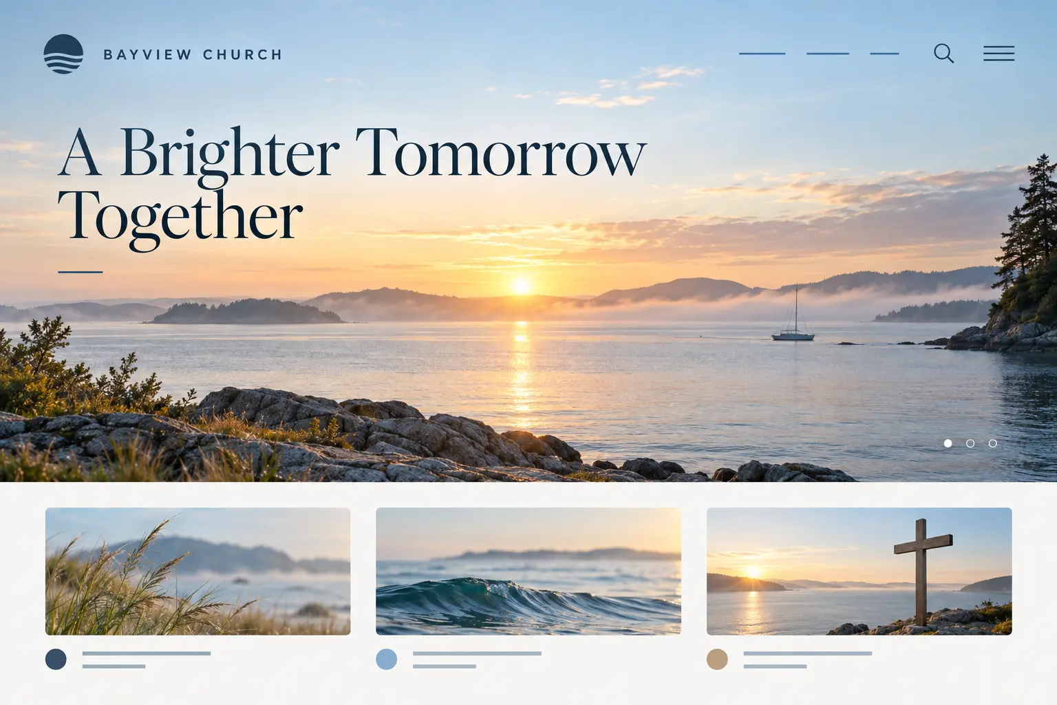 Bayview Church homepage design: a quiet bay at sunrise with a distant sailboat, headlined “A Brighter Tomorrow Together”.