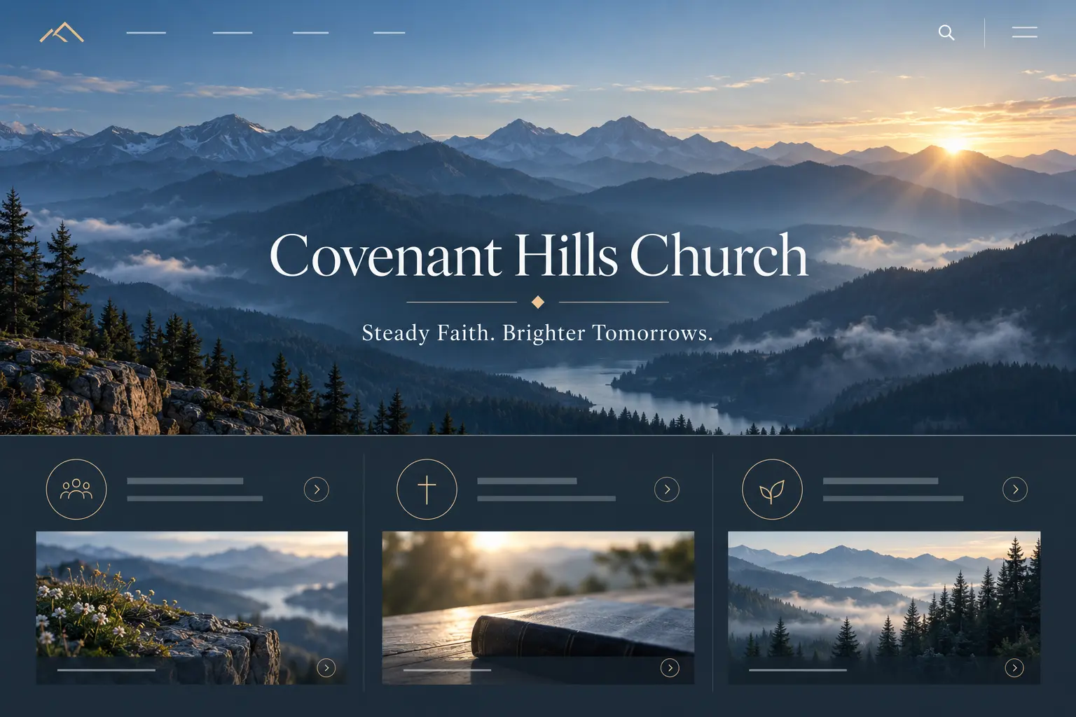 Covenant Hills Church homepage design: misty mountain ranges at sunrise above a deep navy layout, headlined “Steady Faith. Brighter Tomorrows.”
