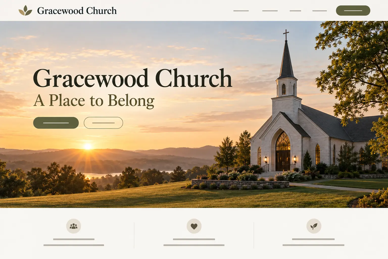 Gracewood Church homepage design: a white stone chapel on a hillside at sunset, with the headline “A Place to Belong” in warm gold and olive.
