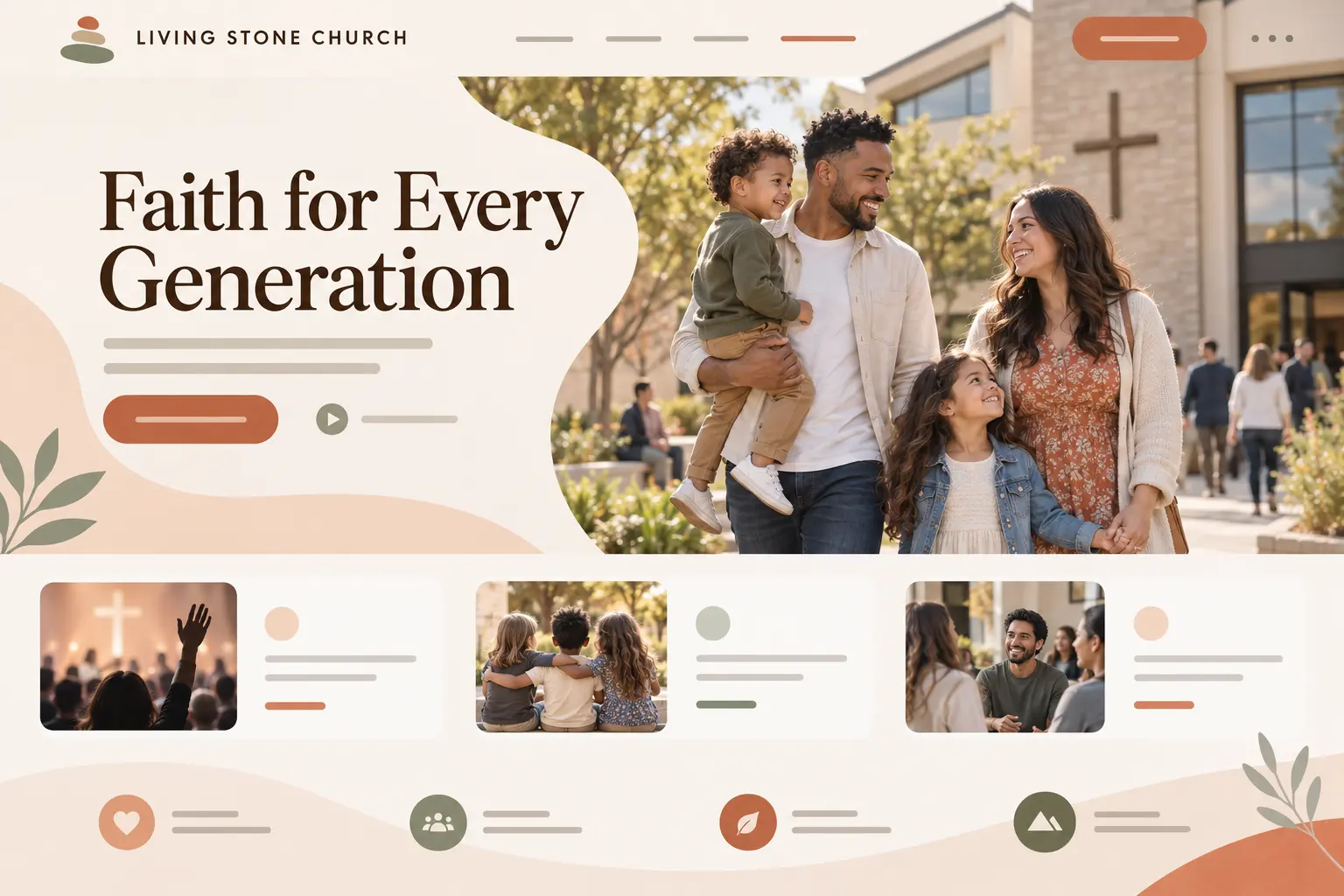 Living Stone Church homepage design: a family arriving at church on a sunny morning, headlined “Faith for Every Generation”.
