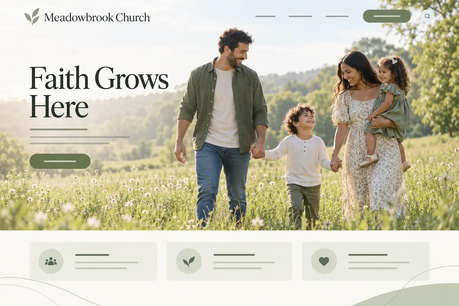 Meadowbrook Church homepage design: a family walking through a sunlit wildflower meadow, with the headline “Faith Grows Here”.