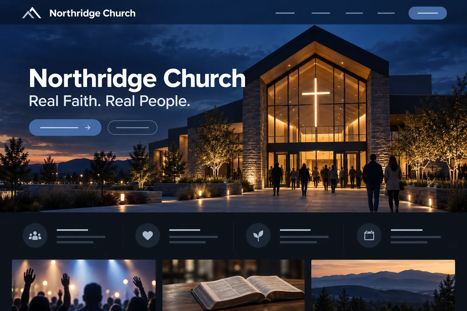 Northridge Church homepage design: a modern glass and stone building lit at dusk with a glowing cross, headlined “Real Faith. Real People.”