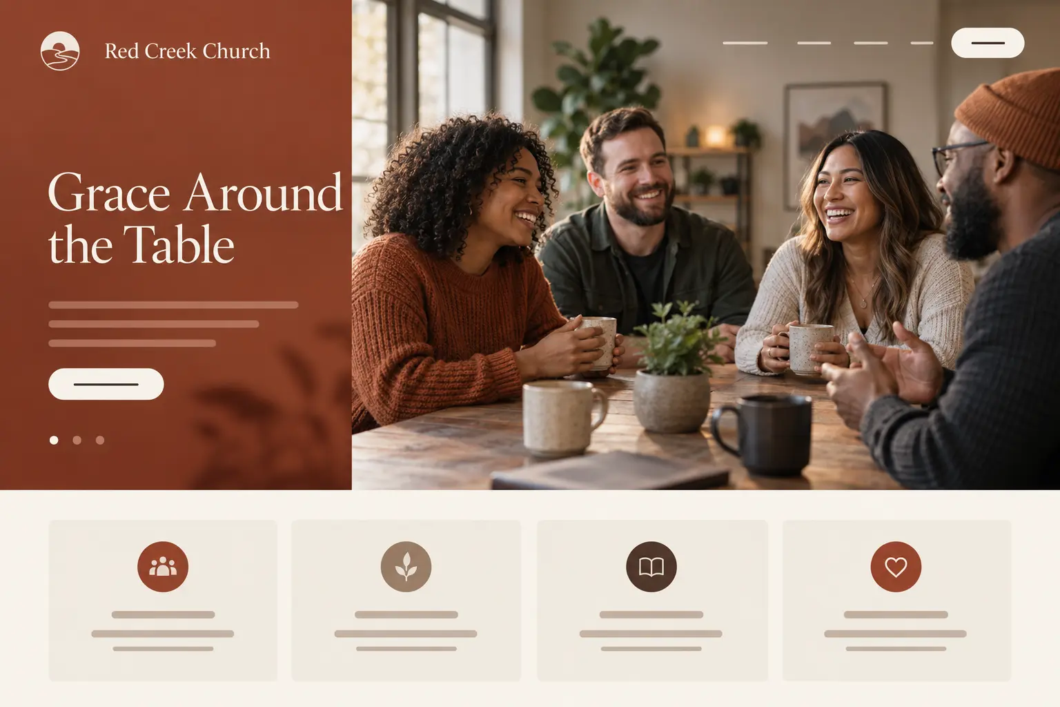 Red Creek Church homepage design: friends talking over coffee at a wooden table, beside a deep terracotta panel reading “Grace Around the Table”.