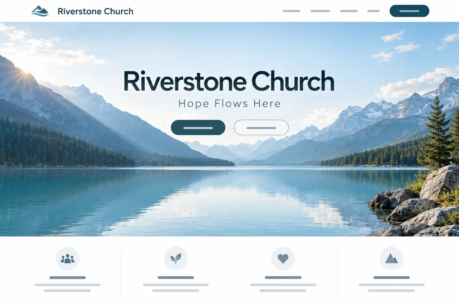 Riverstone Church homepage design: a calm mountain lake under a clear blue sky, with the headline “Hope Flows Here”.