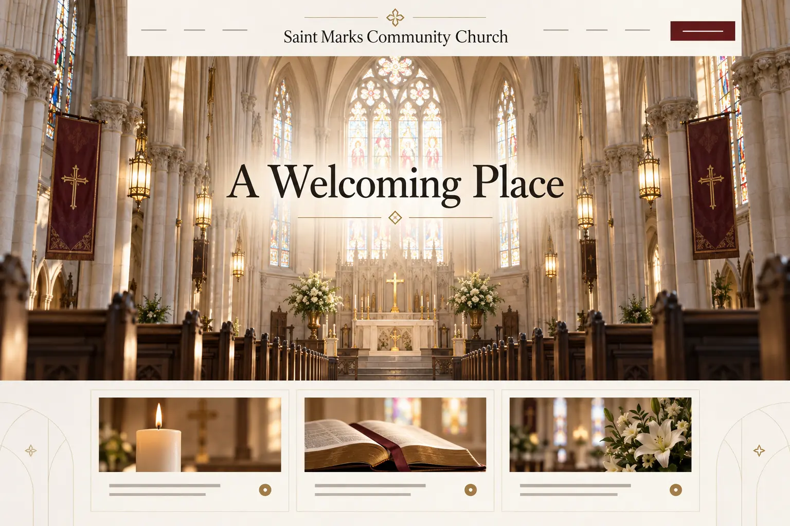 Saint Marks Community Church homepage design: a cathedral interior with stained glass and wooden pews, headlined “A Welcoming Place”.