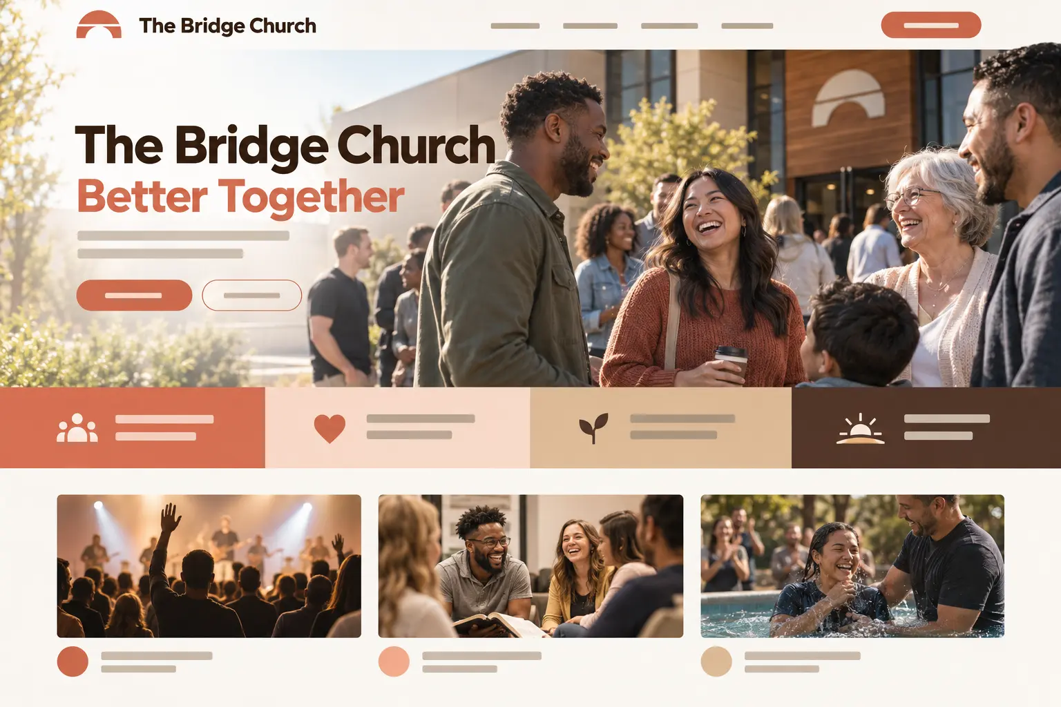 The Bridge Church homepage design: church members laughing together outside after a service, with the headline “Better Together” in terracotta.