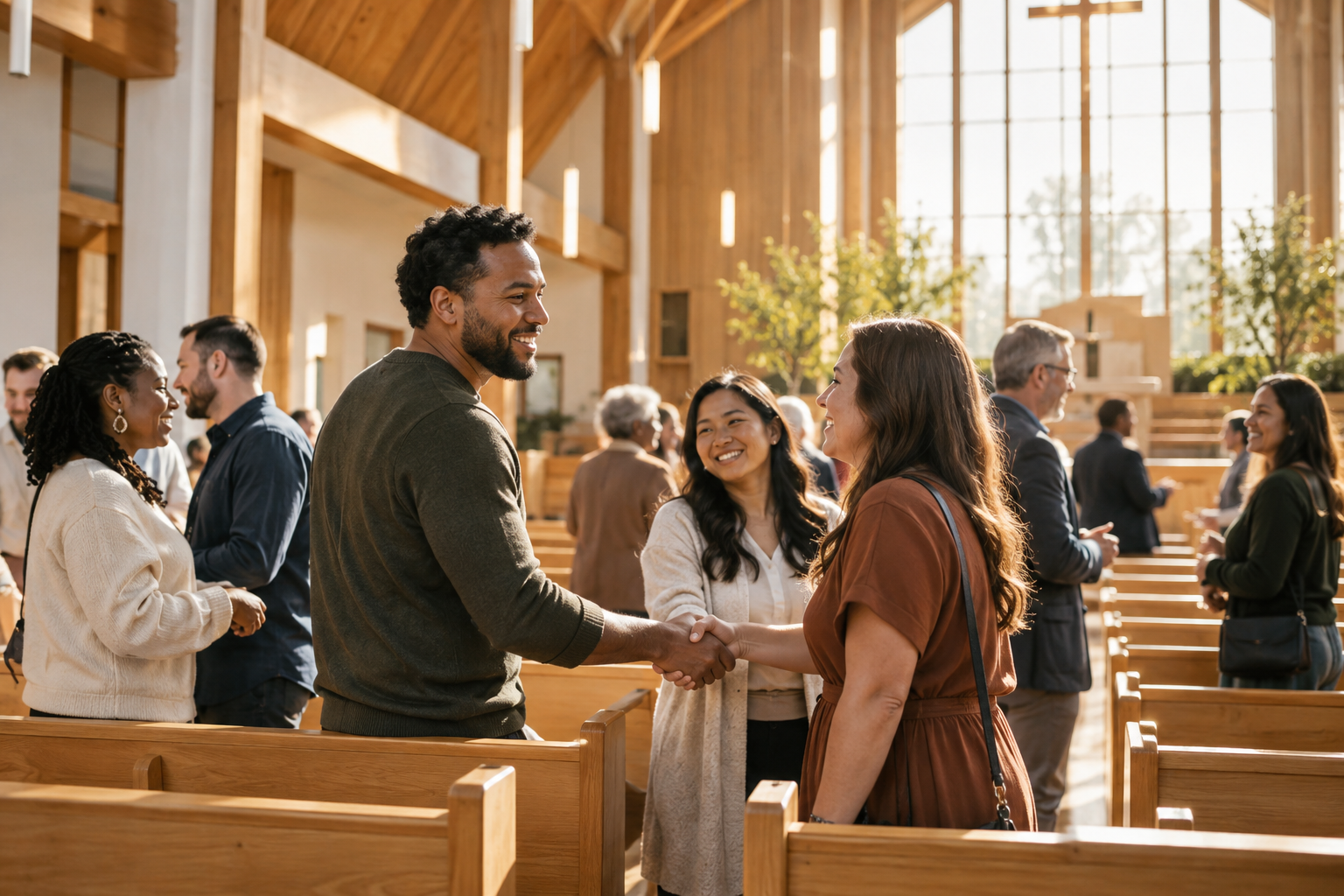 People connecting in a welcoming sunlit church