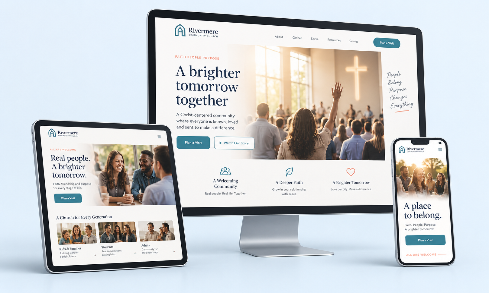 Example church website on desktop, tablet, and mobile